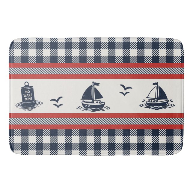 Preppy Boys Sailboat & Gingham - Barn Red & Navy Bath Mat (Front)