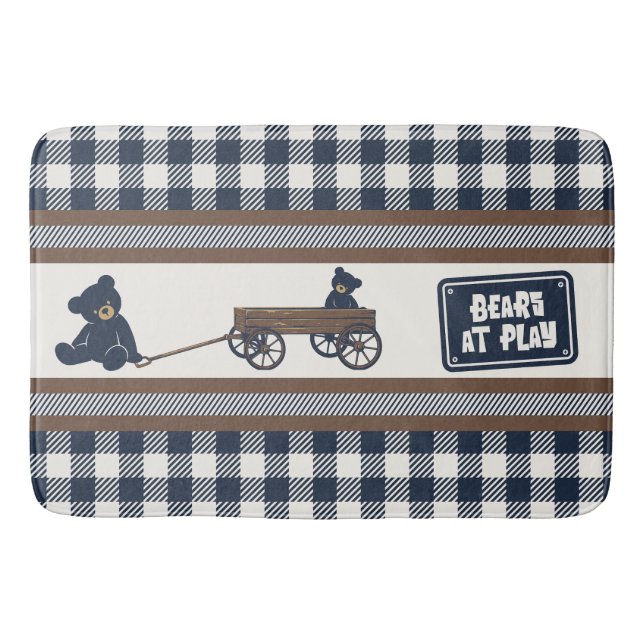 Preppy Boys Teddy Bear & Gingham - Brown & Navy Bath Mat (Front)