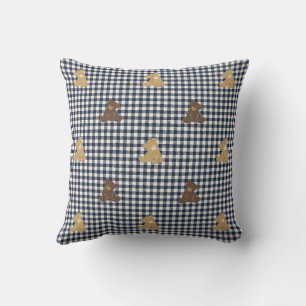 Preppy Boys Teddy Bear Gingham Khaki, Brown & Navy Cushion