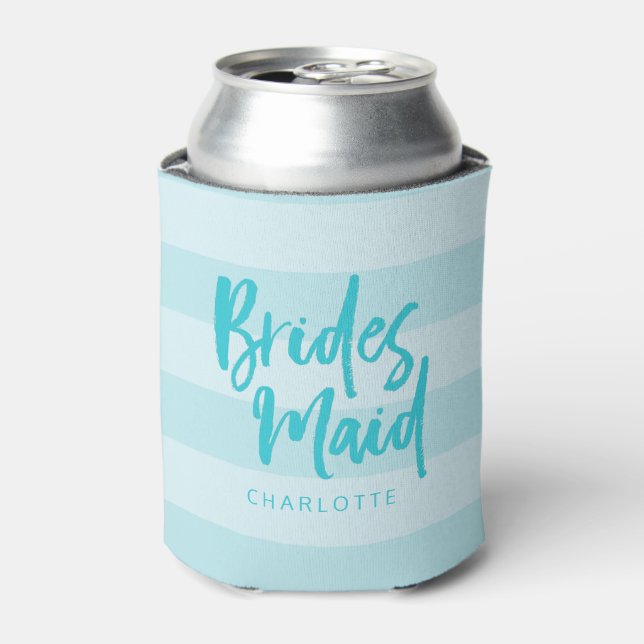 Preppy Bridesmaid Name Blue Stripes Can Cooler (Can Front)
