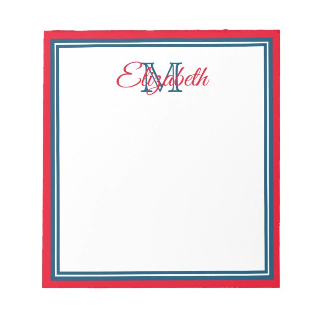 Preppy Bright Red and Marine Blue Monogram Notepad (Front)