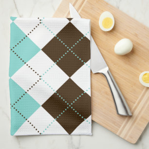 Preppy Brown and Teal Blue Chequered Patterns Tea Towel