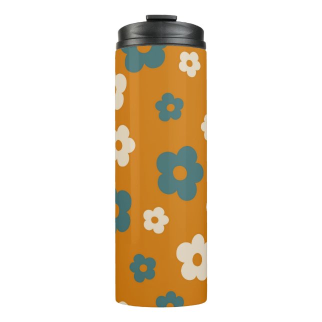 Preppy Brown Blue Hippie Flower Pattern Thermal Tumbler (Front)