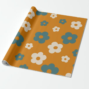 Preppy Brown Blue Hippie Flower Pattern Wrapping Paper