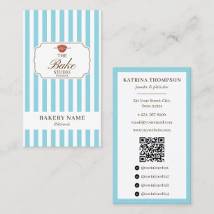 Preppy Brown & Blue Stripes Bakery Logo QR Code Business Card