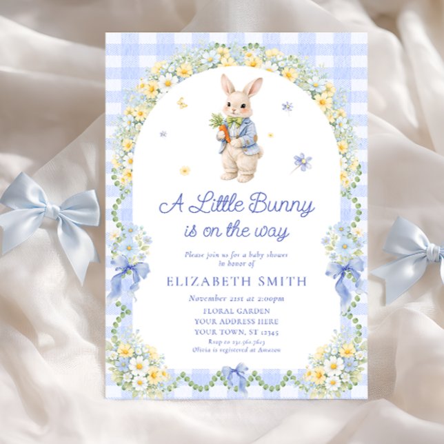 Preppy Bunny Floral Rabbit Gingham Boy Baby Shower Invitation (Creator Uploaded)