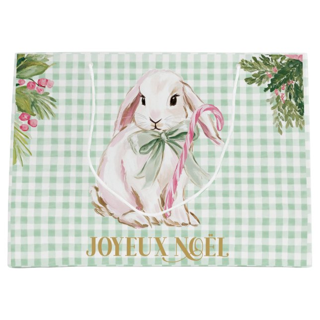 Preppy Bunny & Green Gingham Joyeux Noël Large Gift Bag (Front)