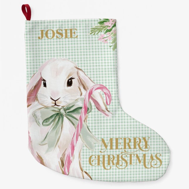 Preppy Bunny & Green Gingham Large Christmas Stocking (Front)