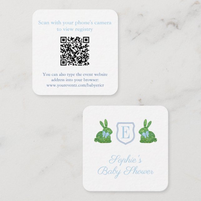 Preppy Bunny Monogram QR Code Baby Shower Registry Enclosure Card (Front/Back)