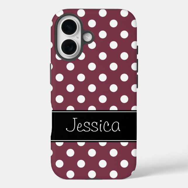 Preppy Burgundy and White Polka Dots Personalised Case-Mate iPhone Case (Back)