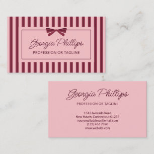 Preppy Burgundy & Pink Stripes & Bow Retro Business Card