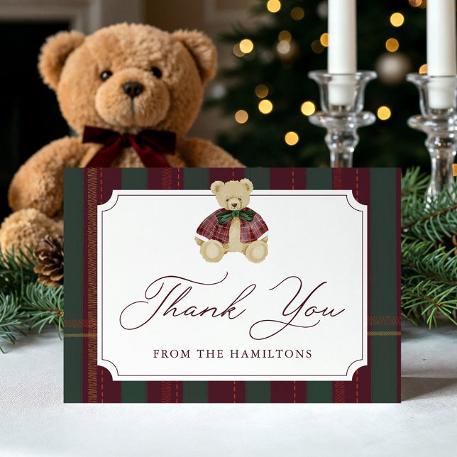 Preppy Burgundy Plaid Teddy Bear Baby Shower Thank You Card (Creator Uploaded)