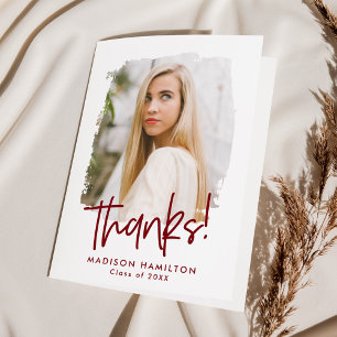 Preppy Burgundy Script Photo Graduation Thank You Card
