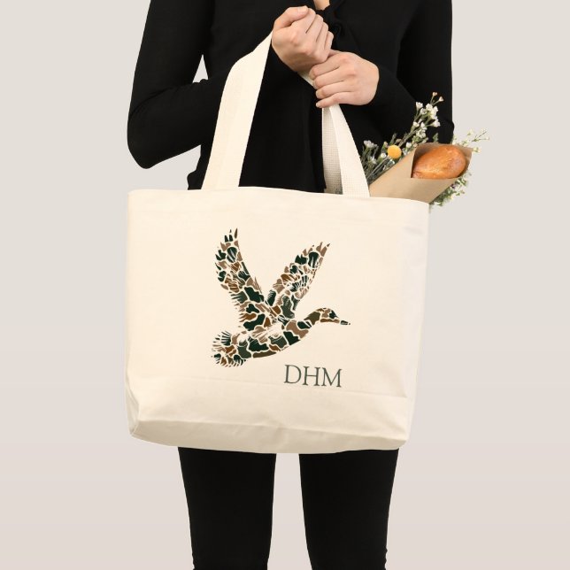 Preppy Camouflage Mallard Duck Monogram Large Tote Bag (Front (Product))