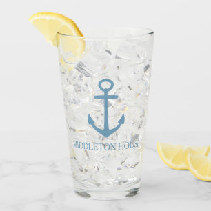 Preppy Carolina Blue Anchor Personalised Glass