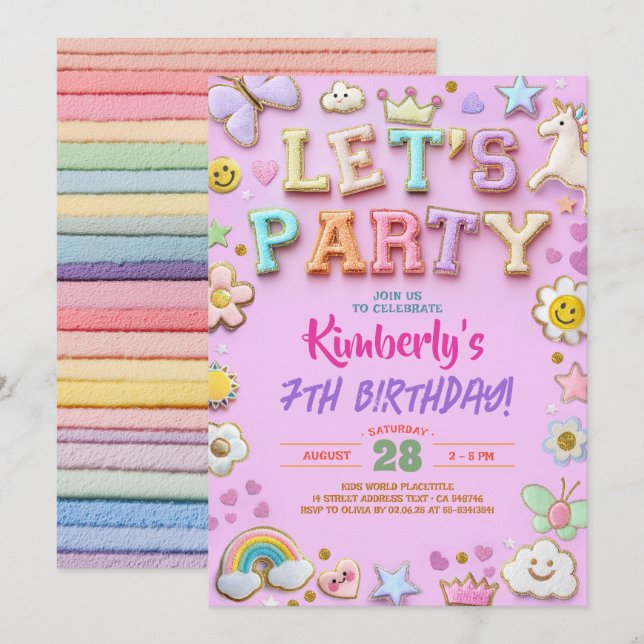 Preppy Chenille Patch Letter Stickers Birthday Invitation (Front/Back)