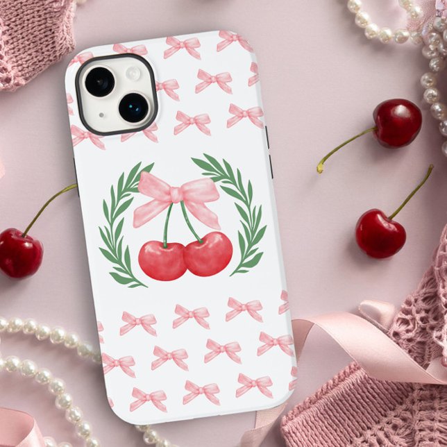 Preppy Cherries Pink Bows and Laurel Wreath Logo Case-Mate iPhone Case (iphone case with pink bows and cherry logo by Darling and May)