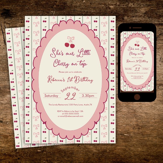 Preppy Cherry on top 1st Birthday Invitation (Creator Uploaded)