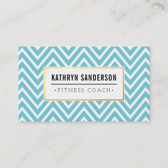 PREPPY CHEVRON pattern gold logo emblem aqua blue Business Card (Front)