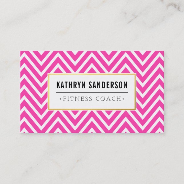 PREPPY CHEVRON pattern gold logo emblem hot pink Business Card (Front)