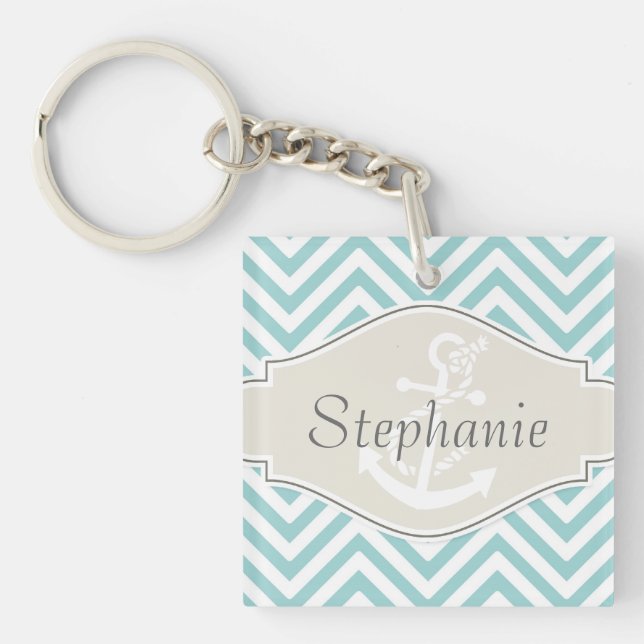 Preppy Chevron Stripe Modern Monogrammed Name Key Ring (Front)
