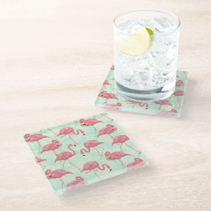 Preppy Chic Elegant Pink Flamingo Pattern Glass Coaster