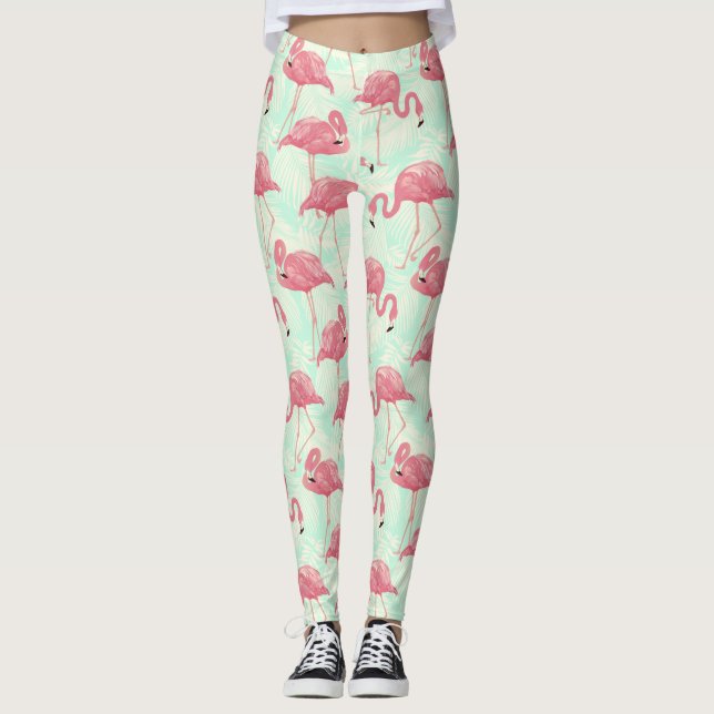 Preppy Chic Elegant Pink Flamingo Pattern Leggings (Front)