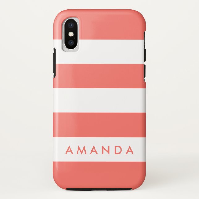 Preppy chic Living coral Striped personalized Case-Mate iPhone Case (Back)