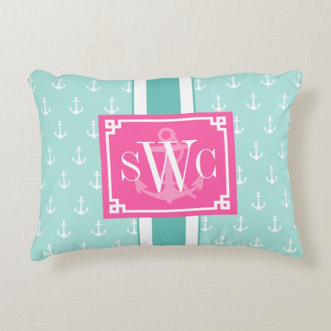 Preppy Chic Nautical Anchors Personalised Monogram Decorative Cushion (Front)