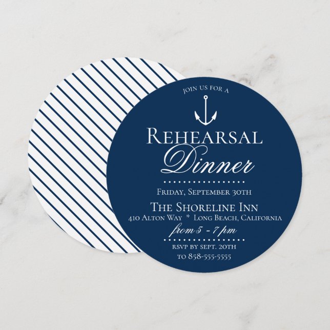 Preppy Chic Nautical Navy Rehearsal Dinner Invitation (Front/Back)