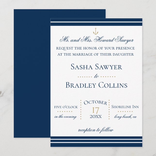 Preppy Chic Navy Nautical Wedding Invitation (Front/Back)