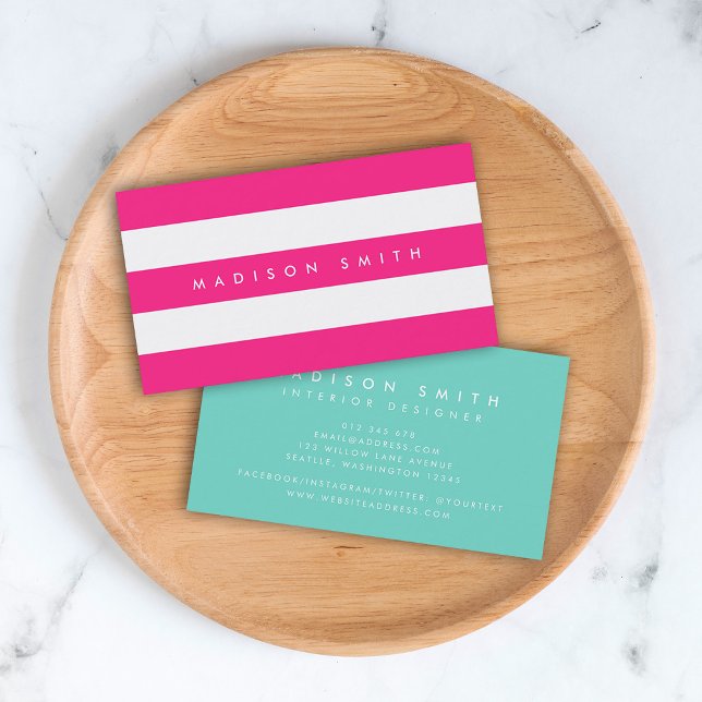 Preppy Chic Pink and White Stripes with Turquoise Business Card (Creator Uploaded)