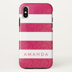 Preppy chic PINK GLITTER Striped personalised iPhone X Case