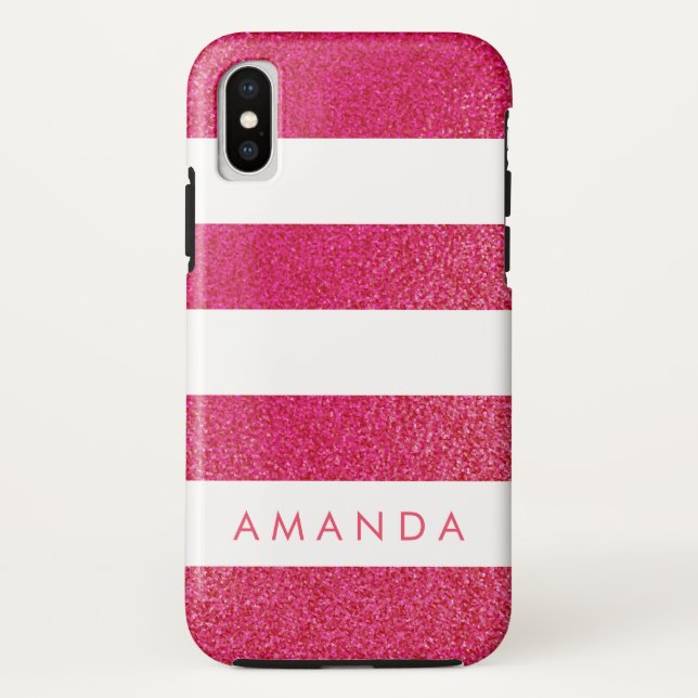 Preppy chic PINK GLITTER Striped personalised Case-Mate iPhone Case (Back)