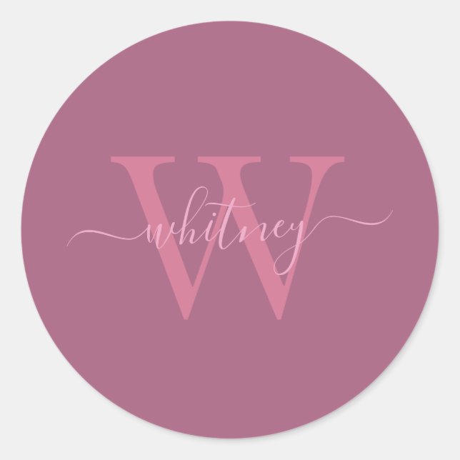 Preppy Chic Pink Monogrammed Name + Initial Classic Round Sticker (Front)