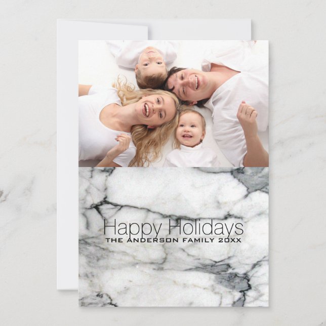 Preppy Chic white marble Happy Holidays Photo Holiday Card (Front)