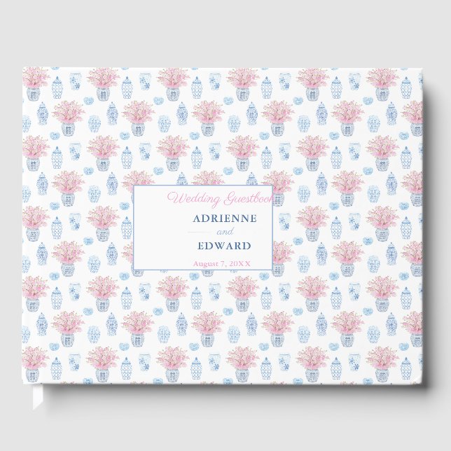 Preppy Chinese Jars Navy Blue and Pink Wedding Guest Book (Front)