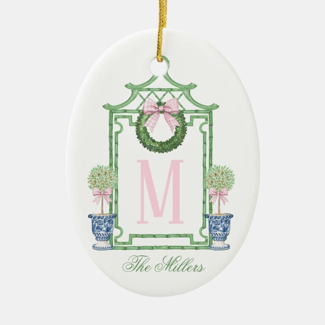 Preppy Chinoiserie Christmas Pagoda Monogram  Ceramic Tree Decoration (Front)