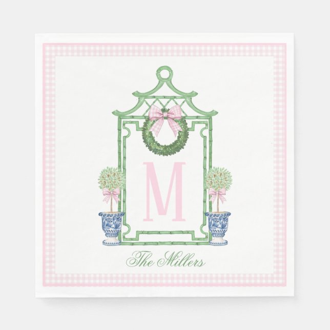 Preppy Chinoiserie Christmas Pagoda Monogram  Napkin (Front)