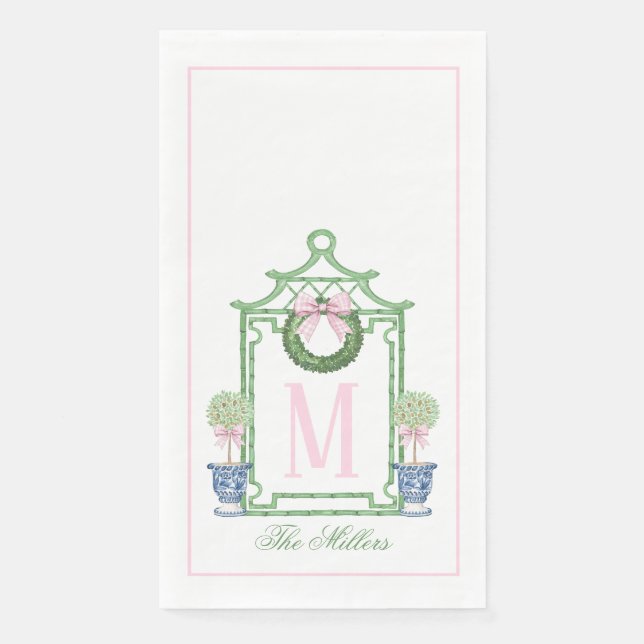 Preppy Chinoiserie Christmas Pagoda Monogram  Napkin (Front)
