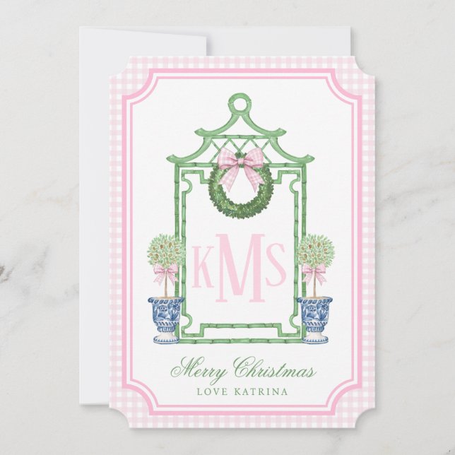 Preppy Chinoiserie Christmas Pagoda Monogram Photo Invitation (Front)