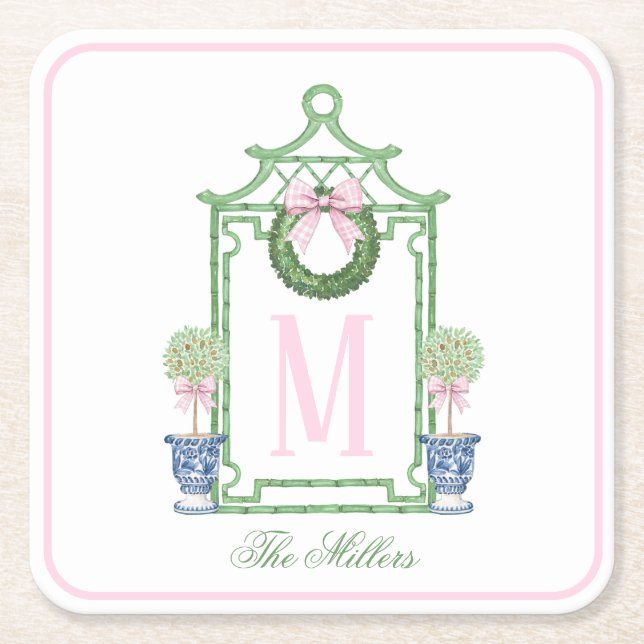 Preppy Chinoiserie Christmas Pagoda Monogram  Square Paper Coaster (Front)