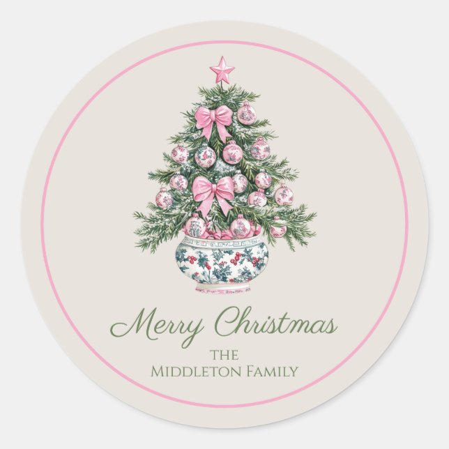 Preppy Chinoiserie Christmas Tree Personalised Classic Round Sticker (Front)