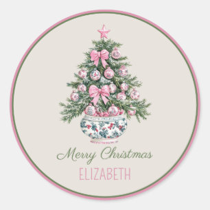 Preppy Chinoiserie Christmas Tree Personalised Classic Round Sticker
