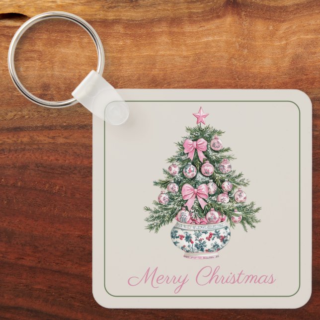 Preppy Chinoiserie Christmas Tree Personalised Key Ring (Front)
