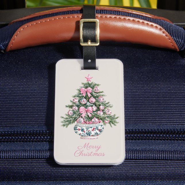Preppy Chinoiserie Christmas Tree Personalised Luggage Tag (Front Insitu 2)