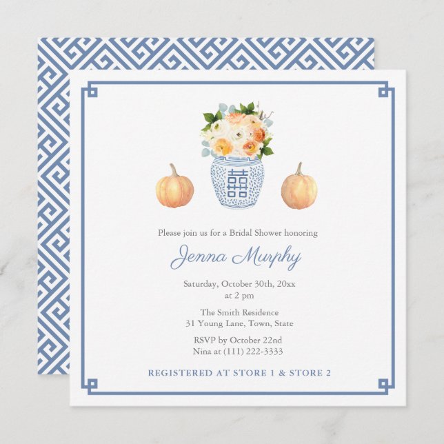 Preppy Chinoiserie Fall Flowers Bridal Shower Invitation (Front/Back)