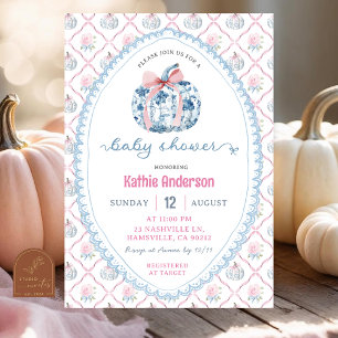 Preppy Chinoiserie Fall Pumpkin Baby Shower Invitation