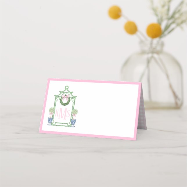 Preppy Chinoiserie Pagoda Monogram  Place Card (Front)
