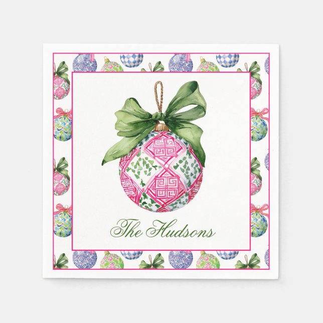 Preppy Christmas Baubles Ornaments Personalised Napkin (Front)